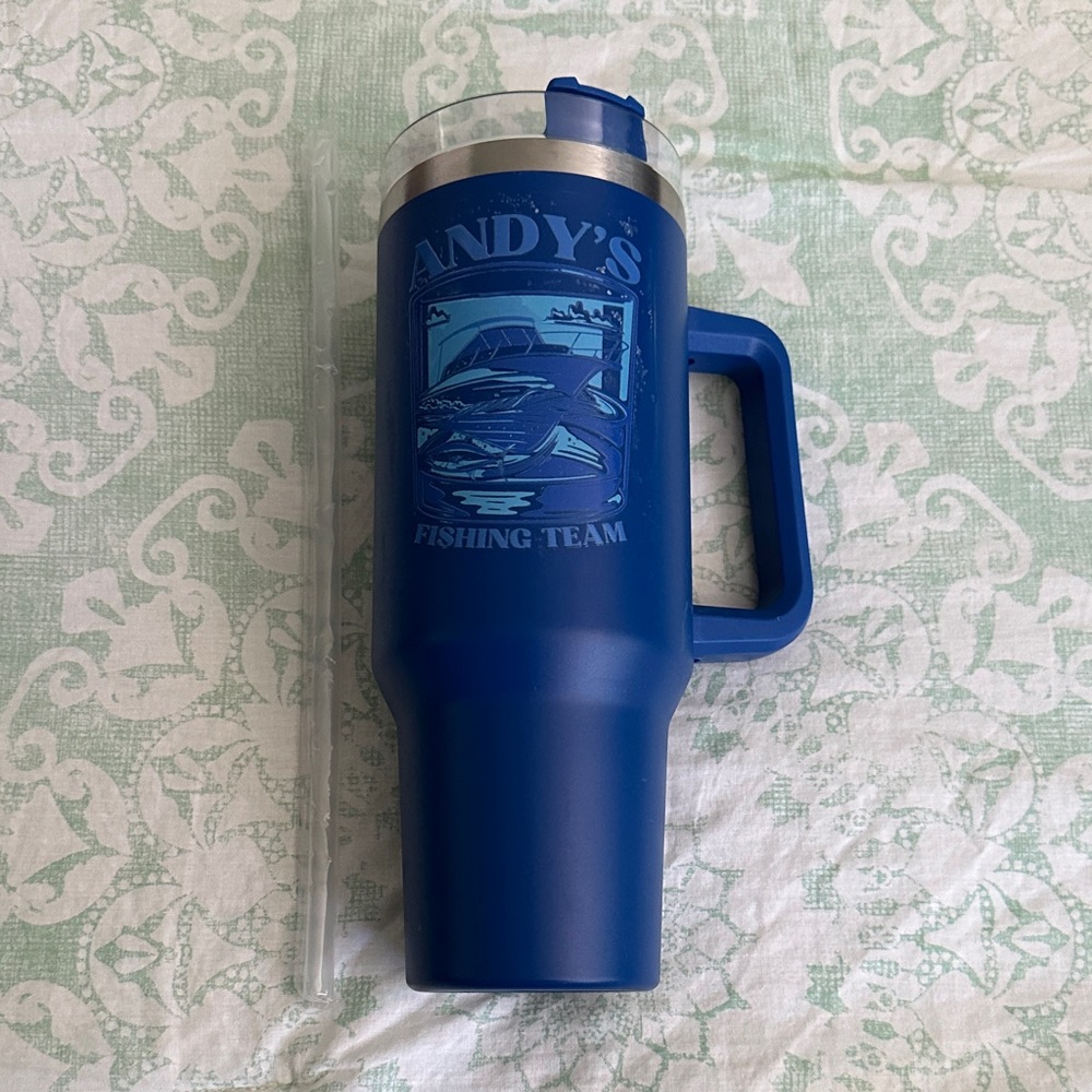 40 oz Blue Travel Mug/Beverage Cup branded “Andy’s Fishing Team”